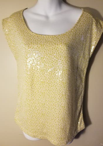Ann Taylor Loft Size XS Cap Sleeve Yellow Sequin Front Tee Shirt 100% Cotton