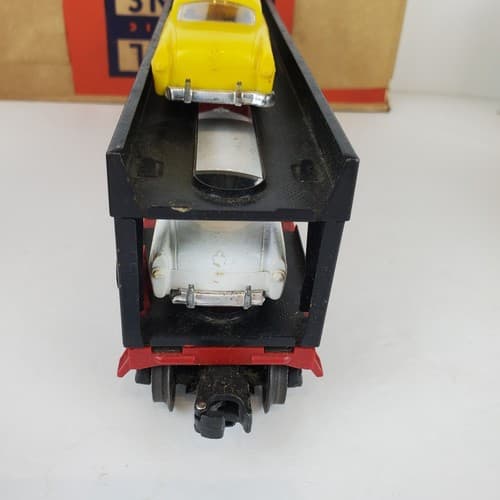 Vintage LIONEL Post War O Guage Black Red Auto Loader w/ 3 cars DAMAGED BOX - Thumbnail 4
