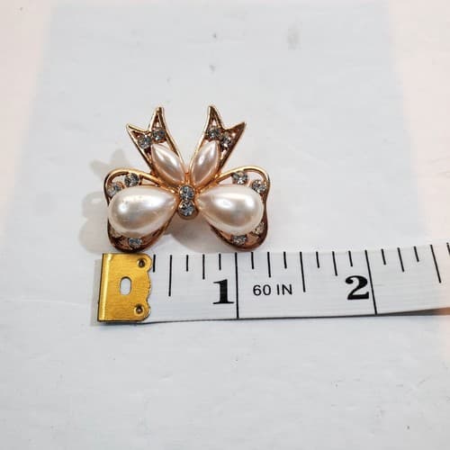 Vintage Small Gold Tone Metal Faux Pearl Clear Rhinestones Bow Ribbon Brooch Pin - Thumbnail 3