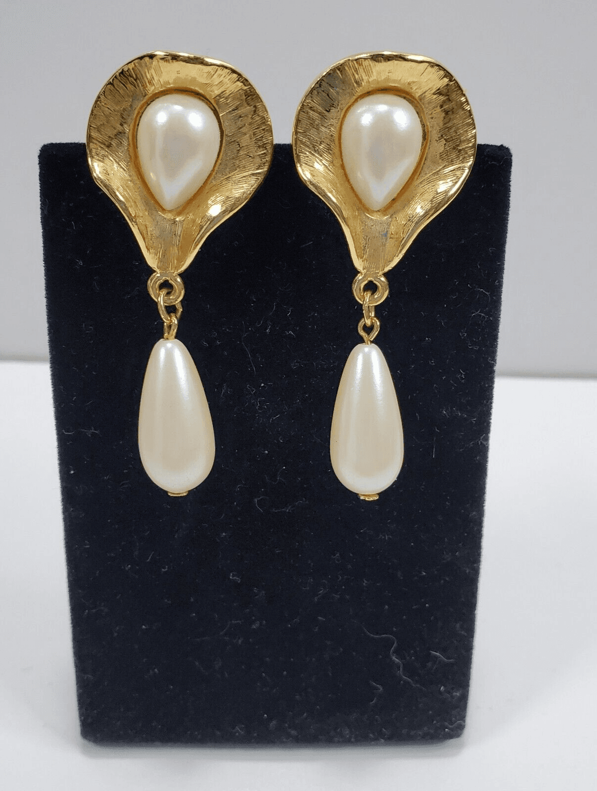 Vintage Lady Remington Baroque Statement Gold Tone Faux Pearl Pierced Earrings