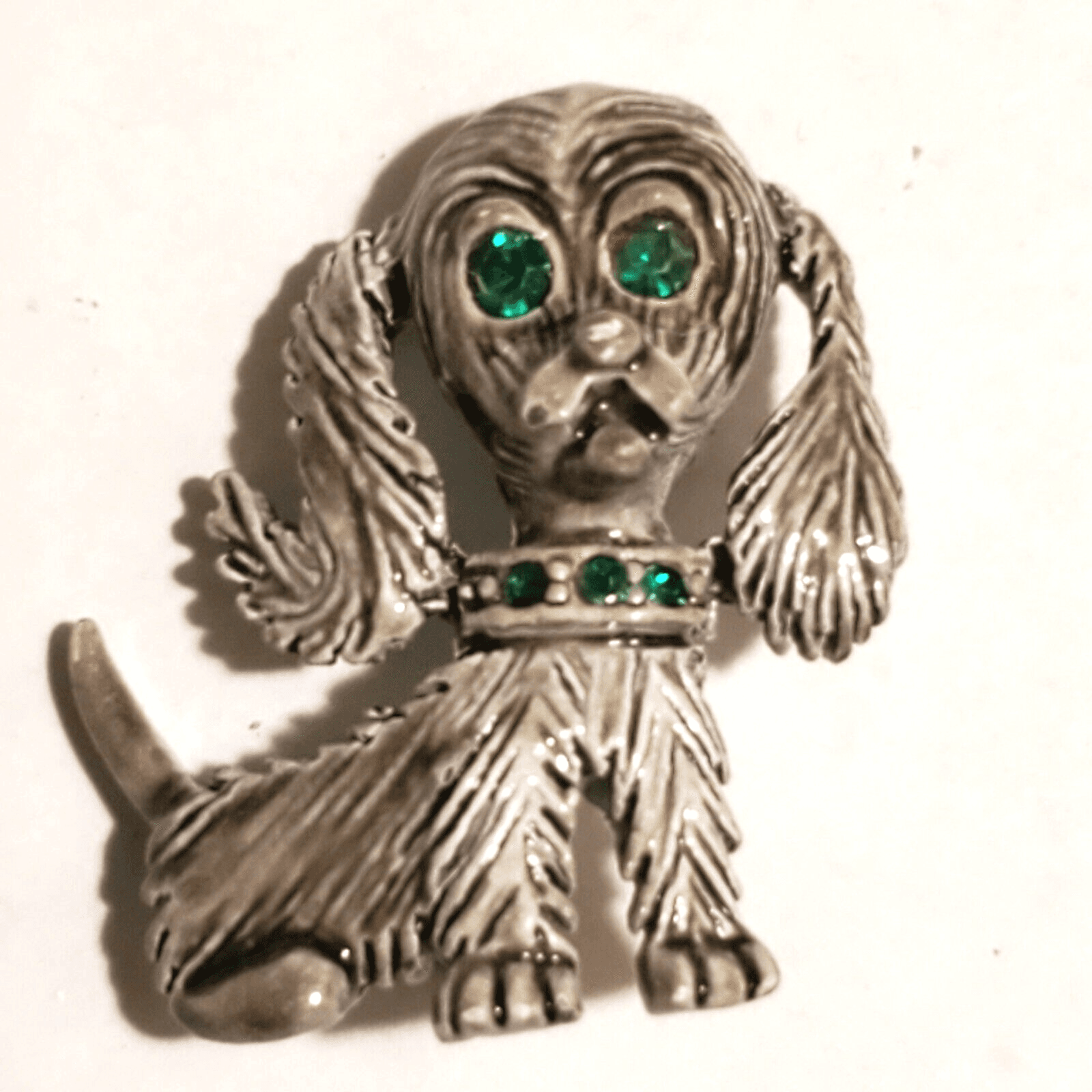 Vintage Gerry's White Gray Tone Metal Green Rhinestones Puppy Dog Brooch Pin