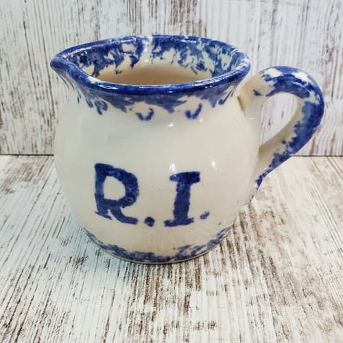 Buttermilk Acres Stoneware Blue Spongeware Creamer Heart and RI Graphic