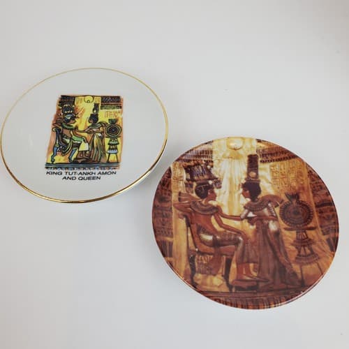 2 Decorative Mini Plates Made in Egypt by Sheeni Fine Porcelain Hieroglyphs Tut