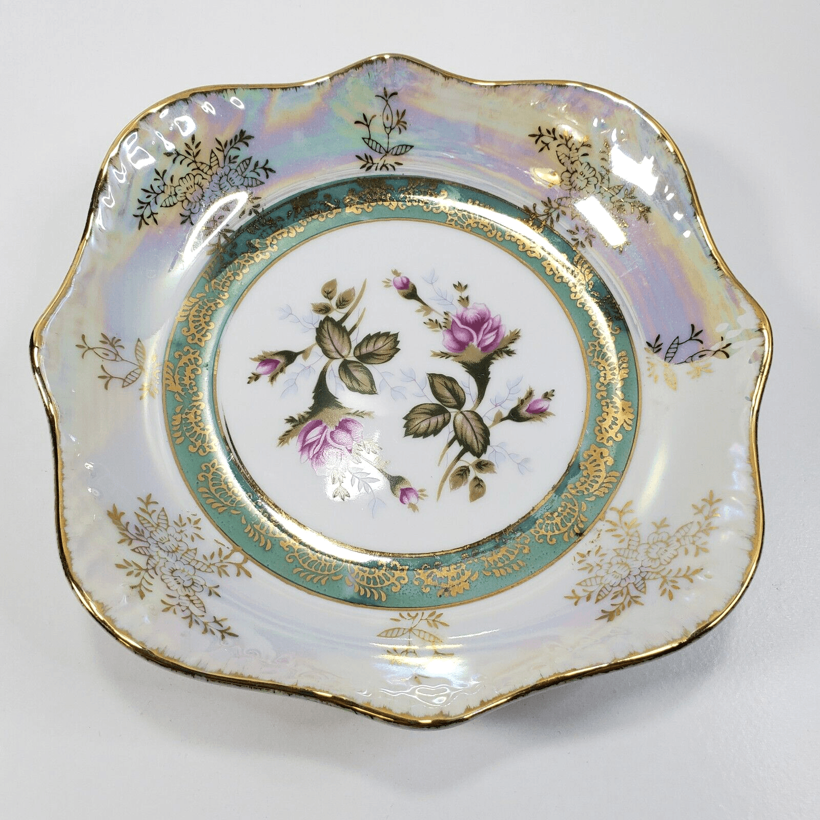 Vtg Floral Lusterware Candy Dish Plate Pearlized Made In Japan Trinket 6.875"