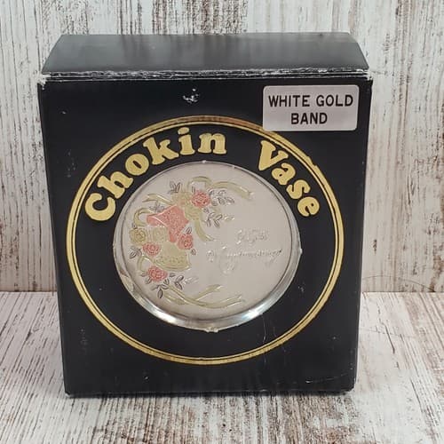 Vtg Roman Japan CHOKIN Porcelain Mini Vase White Gold Band 25th Anniversary 3.75 - Thumbnail 2