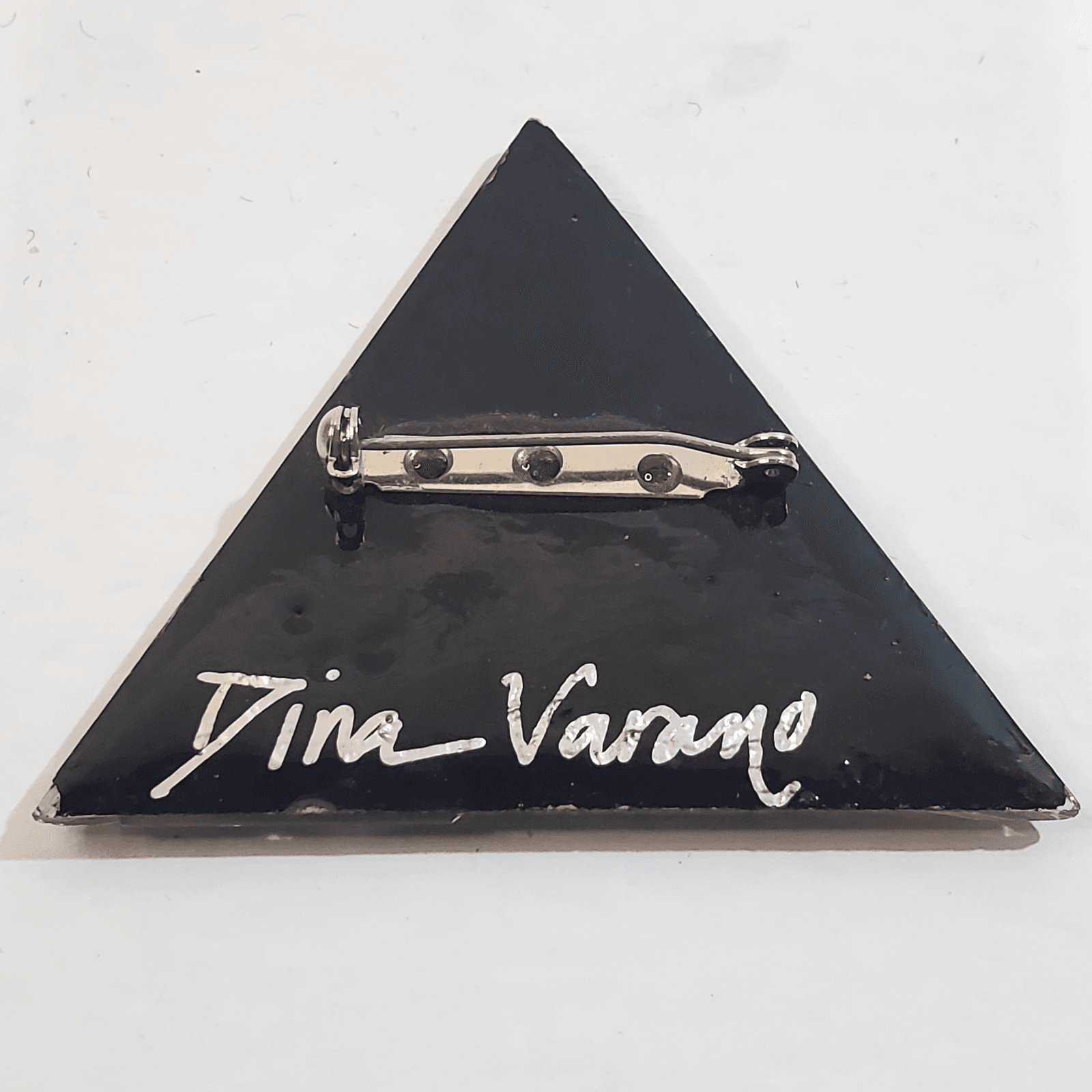 Vtg Dina Varano Art Deco Modernist Glass Prism Reverse Painted Black Gold Brooch - Thumbnail 2