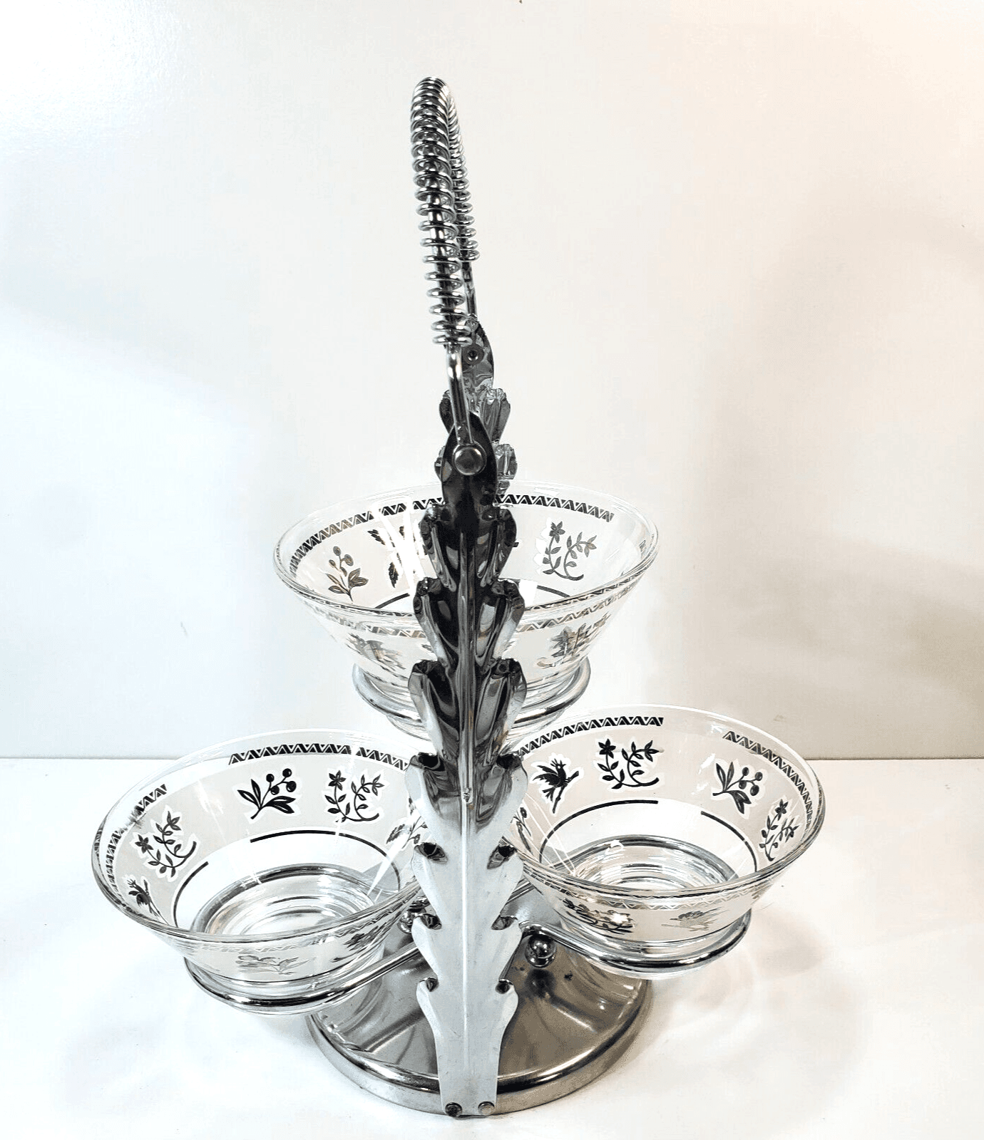 Vtg MCM Silver Tone Metal Relish Condiment Server Rack With Three Glass Bowls