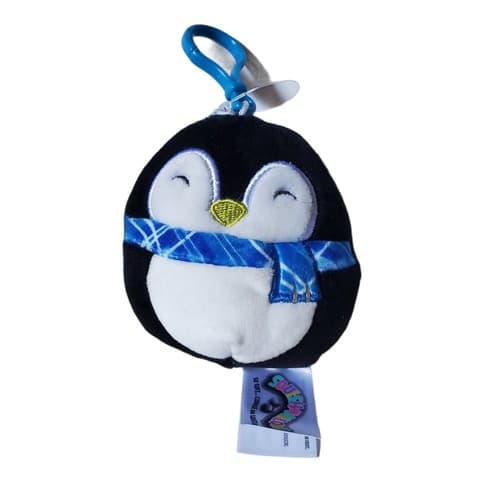 Squishmallows 4" Penguin Luna w Blue Plaid Scarf Clip Plush Toy Black & White