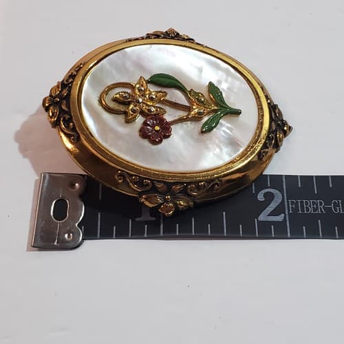 Vtg Mother Of Pearl Gold Tone Art Nouveau Metal Enamel Floral Design Brooch Pin - Thumbnail 3