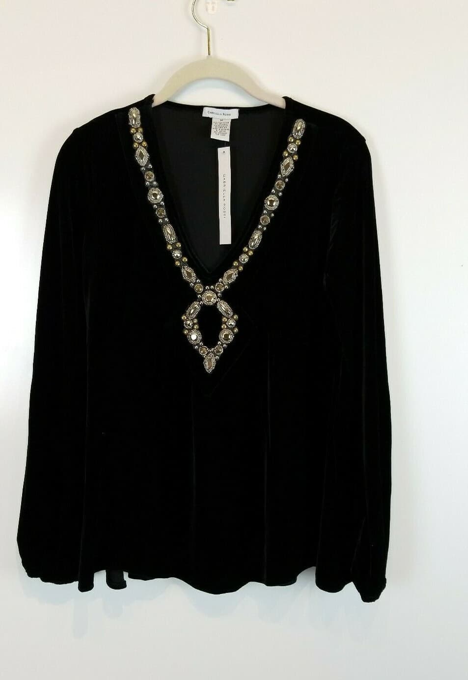Gabriella Rossi Size M V Neck Velvet Romantic Long Sleeve Embellished Blouse - Thumbnail 4