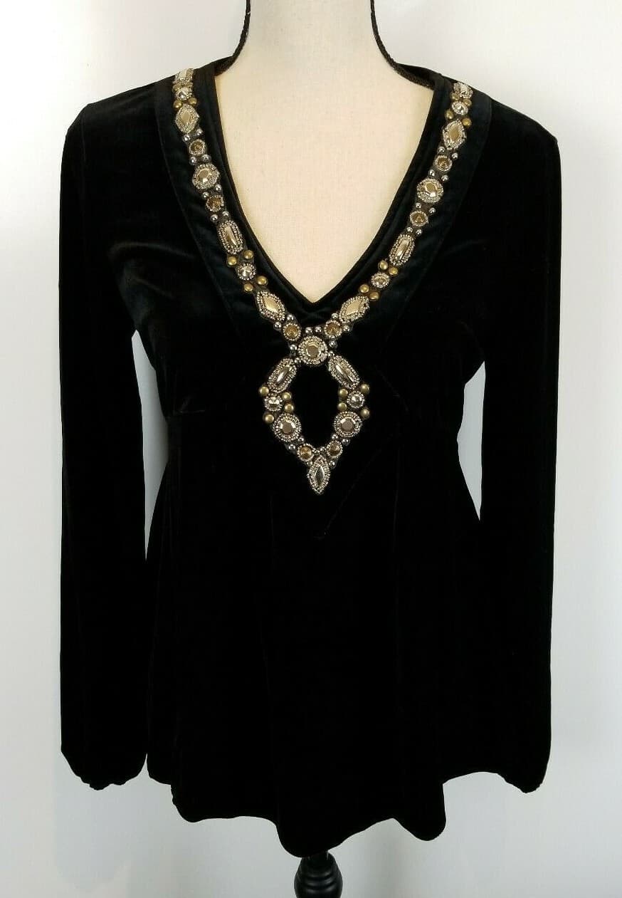 Gabriella Rossi Size M V Neck Velvet Romantic Long Sleeve Embellished Blouse