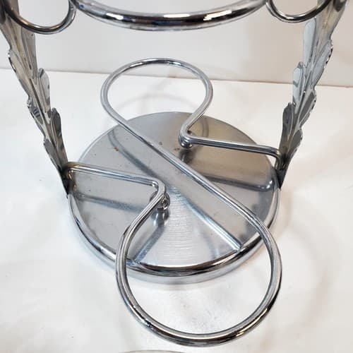 Vtg MCM Silver Tone Metal Relish Condiment Server Rack With Three Glass Bowls - Thumbnail 4