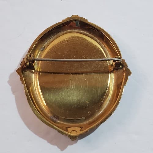 Vtg Mother Of Pearl Gold Tone Art Nouveau Metal Enamel Floral Design Brooch Pin - Thumbnail 2