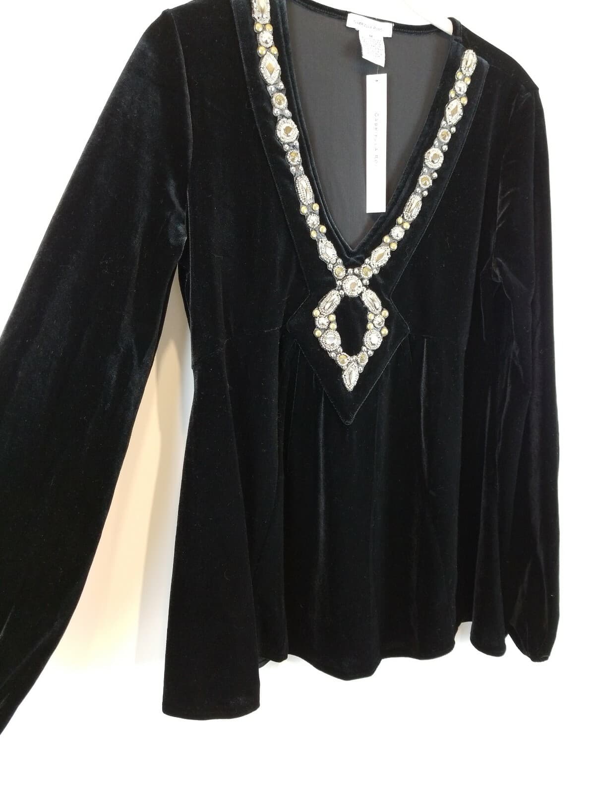 Gabriella Rossi Size M V Neck Velvet Romantic Long Sleeve Embellished Blouse - Thumbnail 5