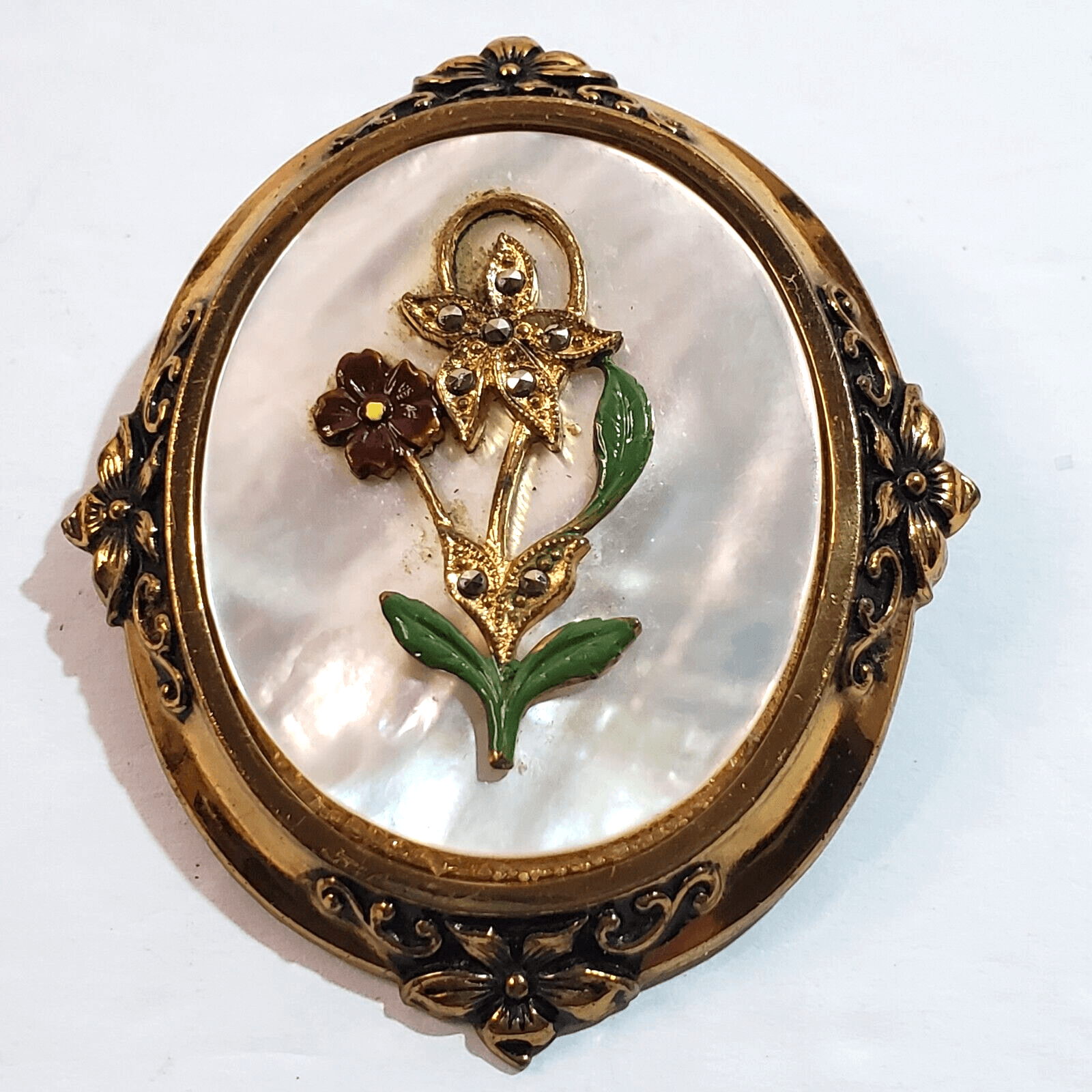Vtg Mother Of Pearl Gold Tone Art Nouveau Metal Enamel Floral Design Brooch Pin