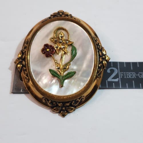 Vtg Mother Of Pearl Gold Tone Art Nouveau Metal Enamel Floral Design Brooch Pin - Thumbnail 4