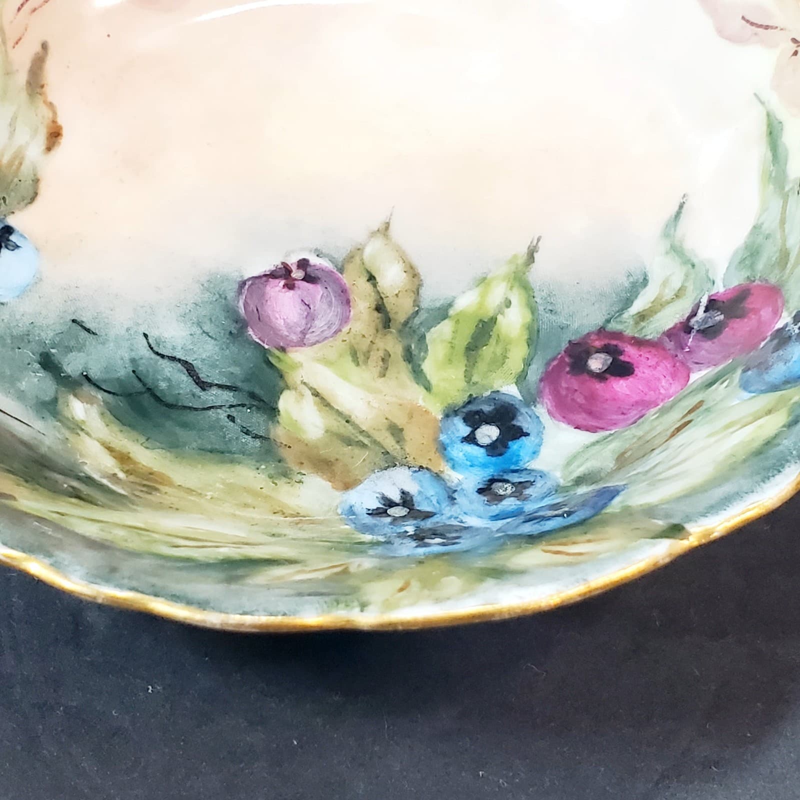 Vintage O & EG Royal Austria Hand Painted Blueberries Berry Trinket Bowl Dish - Thumbnail 2