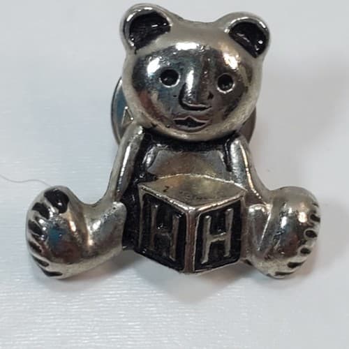 Vintage Silver Pewter Tone Teddy Bear Sitting with “H” Toy Block Brooch Pin
