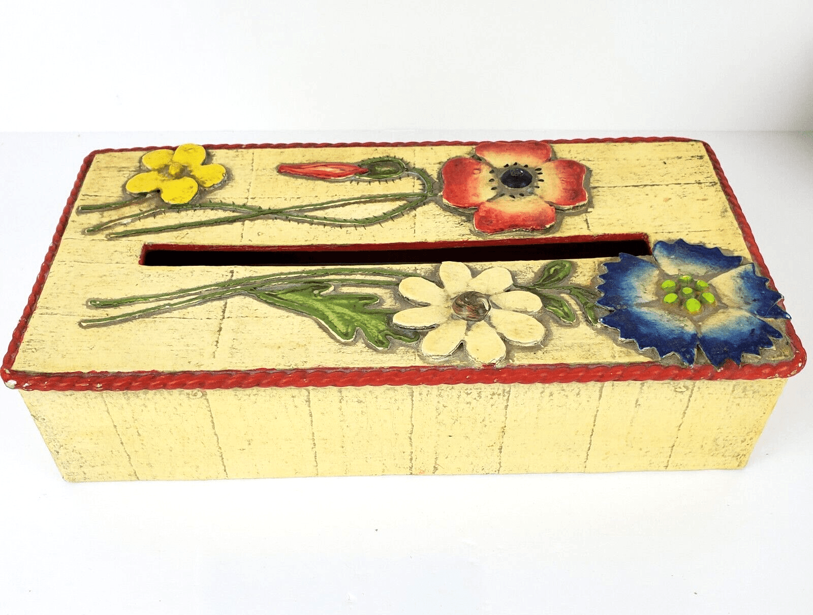 Vintage Mid Century Paper Mache Flowers Rope Tissue Cover Holder *READ