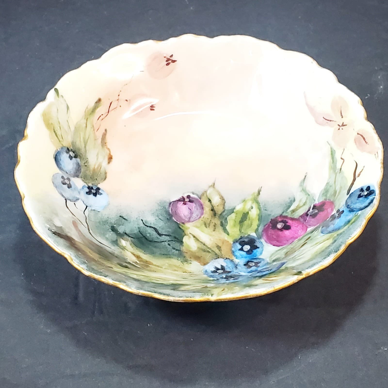 Vintage O & EG Royal Austria Hand Painted Blueberries Berry Trinket Bowl Dish