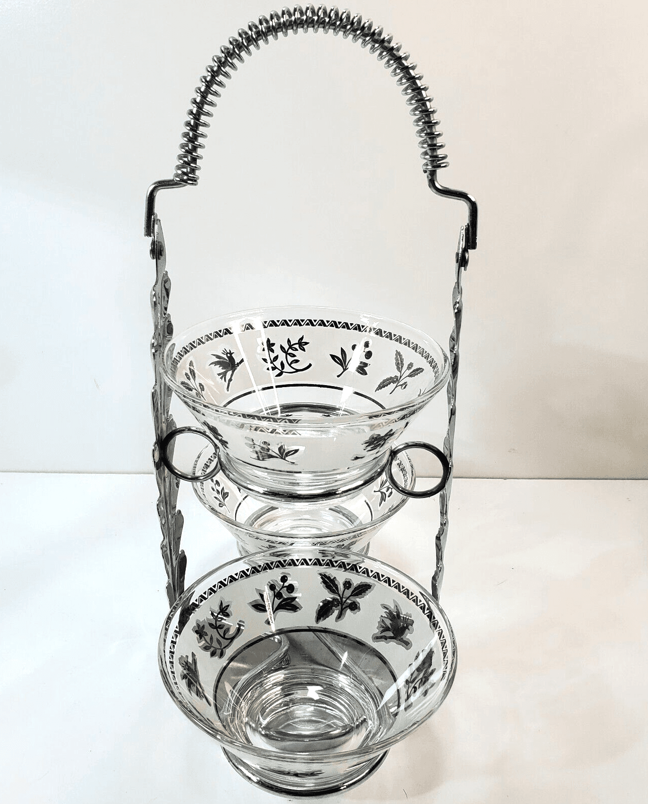Vtg MCM Silver Tone Metal Relish Condiment Server Rack With Three Glass Bowls - Thumbnail 2