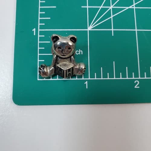 Vintage Silver Pewter Tone Teddy Bear Sitting with “H” Toy Block Brooch Pin - Thumbnail 3
