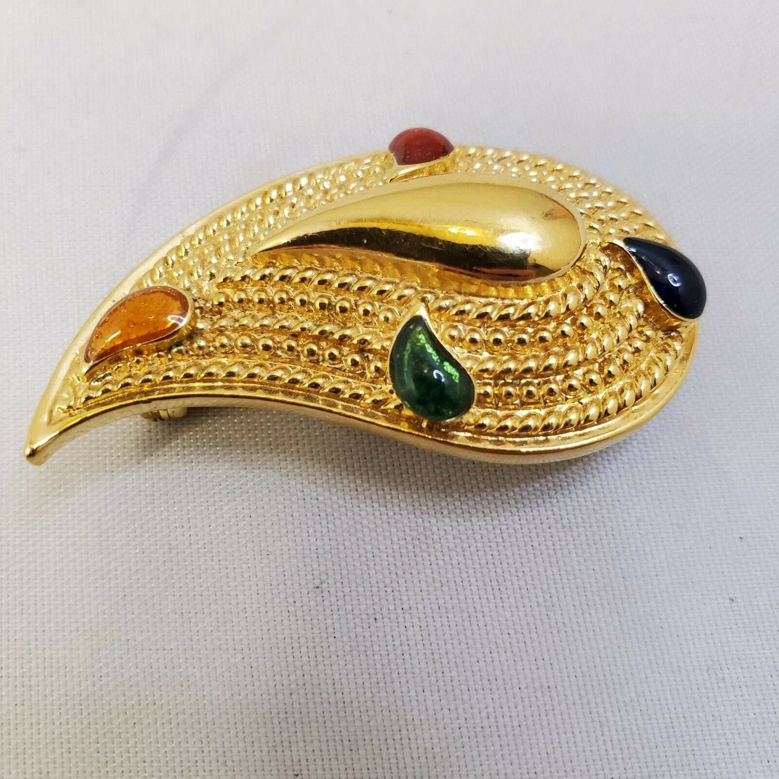 Vintage Unbranded Gold Tone Textured Teardrop with multicolor Enamel Brooch Pin - Thumbnail 2
