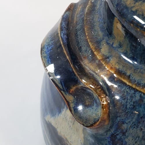 Artisan Blue Brown Hand Crafted Pottery Ceramic Oil Lamp 2 Handles Unused Wick - Thumbnail 5