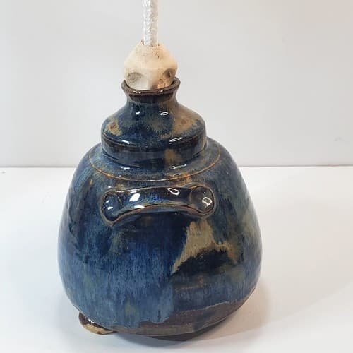 Artisan Blue Brown Hand Crafted Pottery Ceramic Oil Lamp 2 Handles Unused Wick - Thumbnail 3