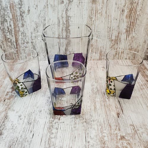 Signed Art Glass Hand Painted Handled Ice Bucket and 3 High Ball Size Glasses