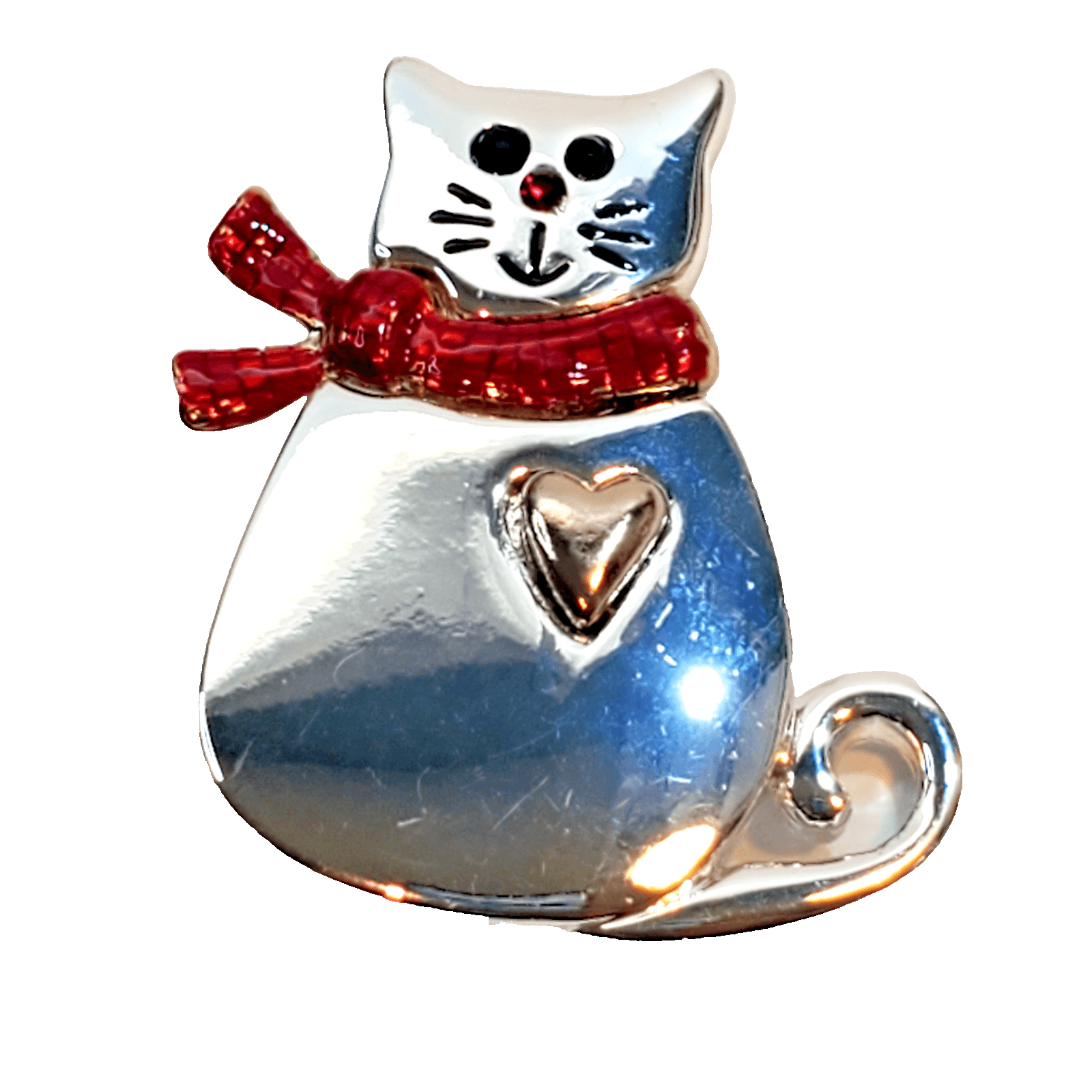Vtg TC Signed Silver Tone and Enamel Cat Kitty Kitten w/ Scarf Brooch Pin Heart