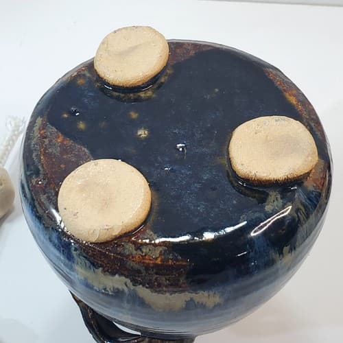 Artisan Blue Brown Hand Crafted Pottery Ceramic Oil Lamp 2 Handles Unused Wick - Thumbnail 8
