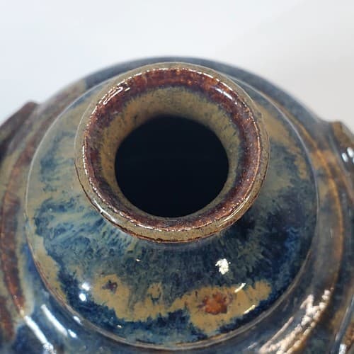 Artisan Blue Brown Hand Crafted Pottery Ceramic Oil Lamp 2 Handles Unused Wick - Thumbnail 2