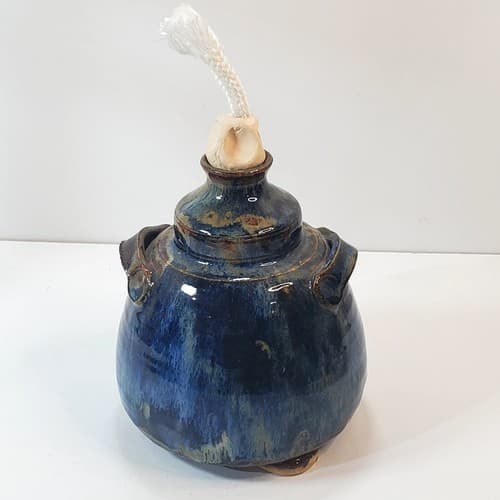 Artisan Blue Brown Hand Crafted Pottery Ceramic Oil Lamp 2 Handles Unused Wick