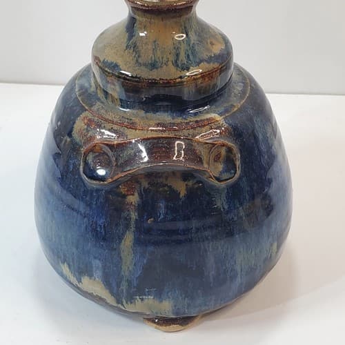 Artisan Blue Brown Hand Crafted Pottery Ceramic Oil Lamp 2 Handles Unused Wick - Thumbnail 7