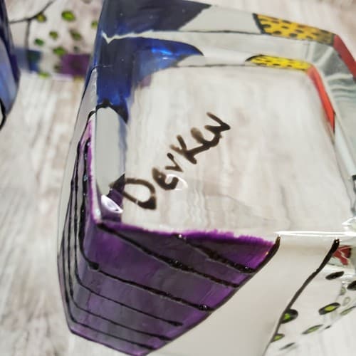 Signed Art Glass Hand Painted Handled Ice Bucket and 3 High Ball Size Glasses - Thumbnail 6