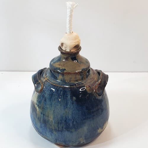 Artisan Blue Brown Hand Crafted Pottery Ceramic Oil Lamp 2 Handles Unused Wick - Thumbnail 6