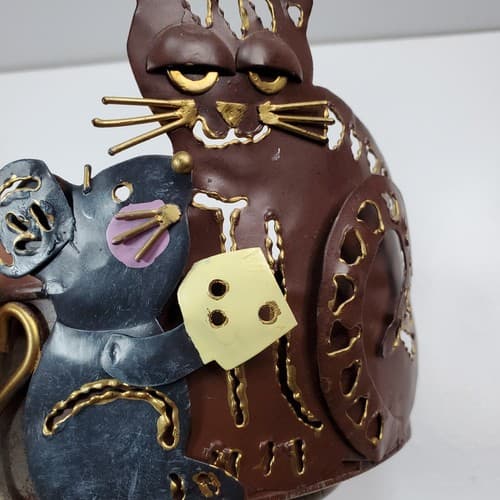 Cat and Mouse Cut Tin Metal Folk Art Animal Candle Holder Planter Trinket Bowl - Thumbnail 6