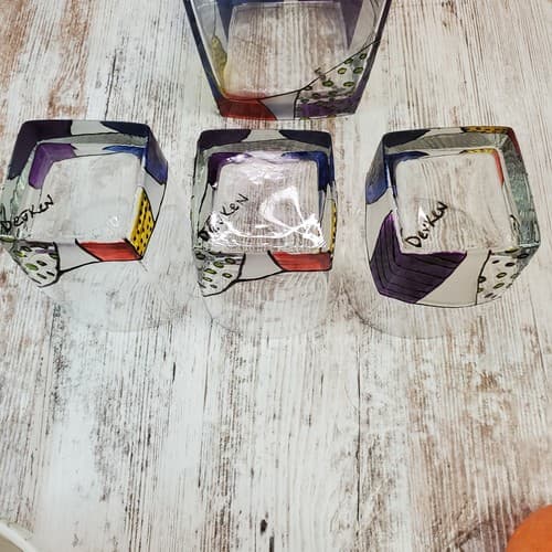 Signed Art Glass Hand Painted Handled Ice Bucket and 3 High Ball Size Glasses - Thumbnail 5