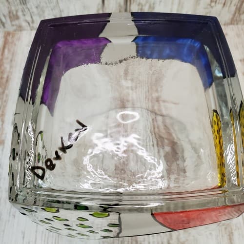 Signed Art Glass Hand Painted Handled Ice Bucket and 3 High Ball Size Glasses - Thumbnail 10