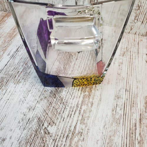 Signed Art Glass Hand Painted Handled Ice Bucket and 3 High Ball Size Glasses - Thumbnail 9