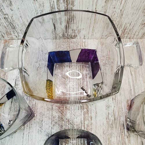 Signed Art Glass Hand Painted Handled Ice Bucket and 3 High Ball Size Glasses - Thumbnail 3