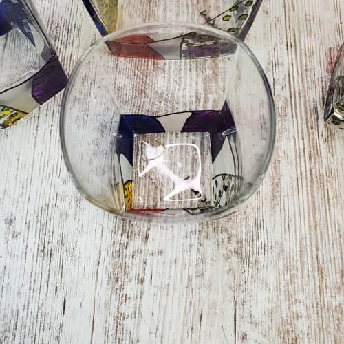 Signed Art Glass Hand Painted Handled Ice Bucket and 3 High Ball Size Glasses - Thumbnail 4