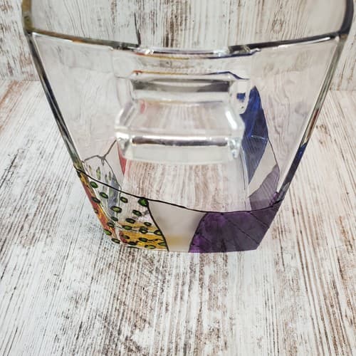 Signed Art Glass Hand Painted Handled Ice Bucket and 3 High Ball Size Glasses - Thumbnail 8