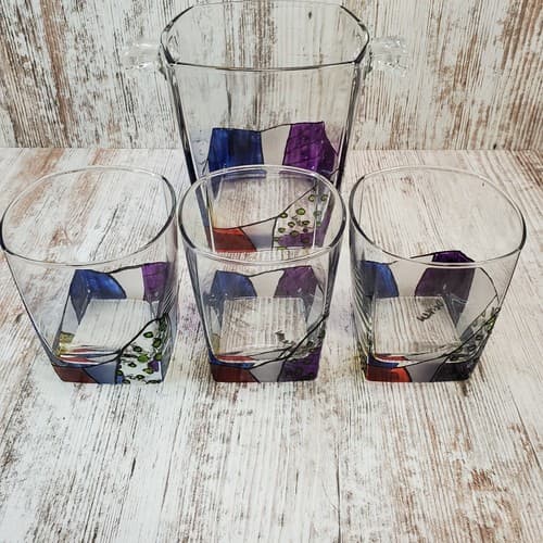 Signed Art Glass Hand Painted Handled Ice Bucket and 3 High Ball Size Glasses - Thumbnail 2