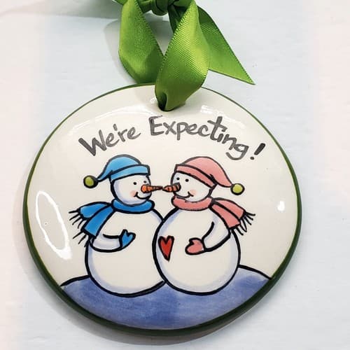 Nola Watkins Handpainted Ceramic We're Expecting Snowman Xmas Ornament