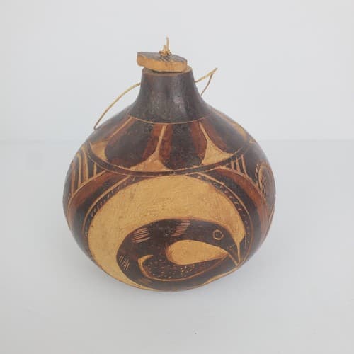 Vintage Hanging Carved Gourd With Two Tone Bird Carving and Designs