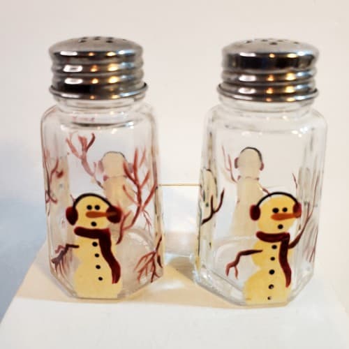 Vintage Gemco USA Glass Hand Painted Snowmen Christmas Salt & Pepper Shakers 3" - Thumbnail 3