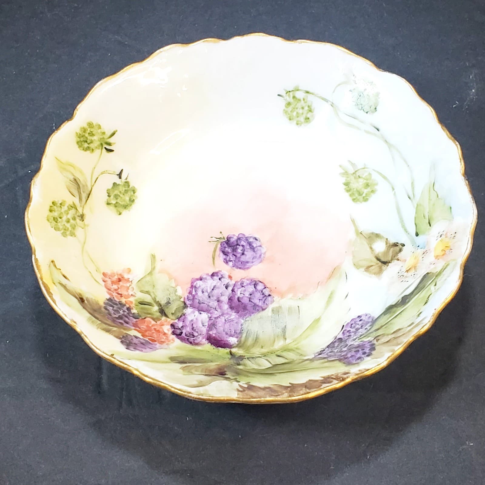 Vtg O & EG Royal Austria Hand Painted Raspberry Blackberry Berry Trinket Bowl