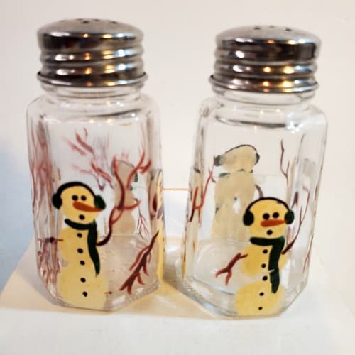 Vintage Gemco USA Glass Hand Painted Snowmen Christmas Salt & Pepper Shakers 3" - Thumbnail 2